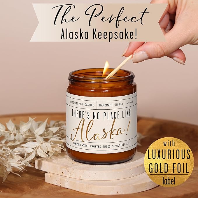 Alaska Gifts, Alaska Decor for Home - 'There's No Place Like Alaska Candle, w/Frosted Trees & Mountain Air I Alaska Souvenirs I Alaska State Gifts I 9oz Jar, 50Hr Burn, USA Made