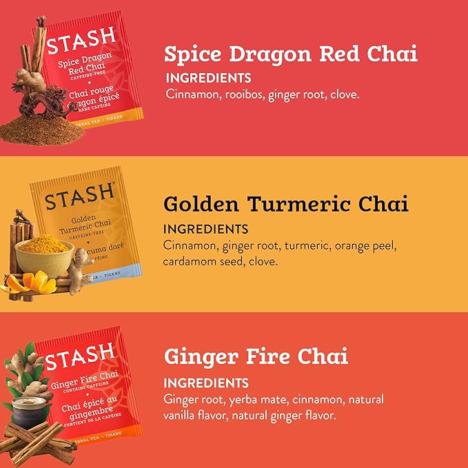 Stash Tea Chai Tea Variety Pack Sampler Assortment - Caffeinated, Non-GMO Project Verified Premium Tea with No Artificial Ingredients, 18-20 Count (Pack of 6)