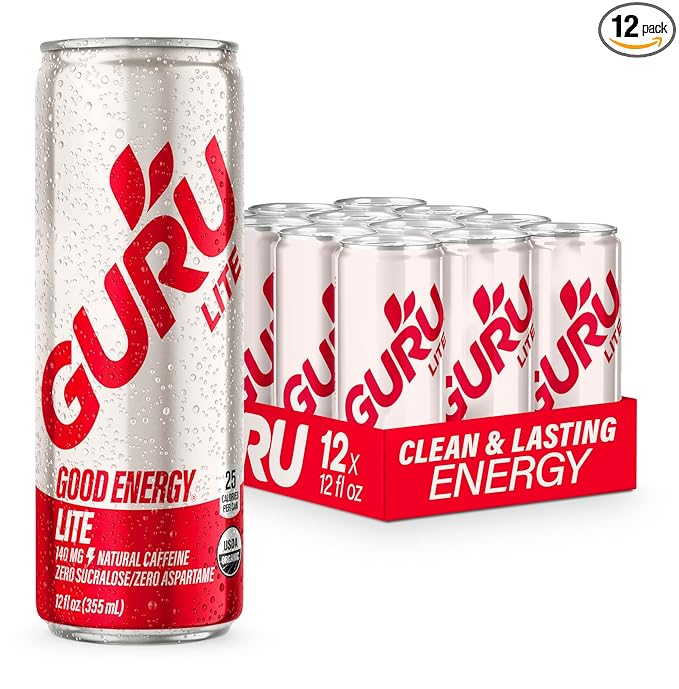 GURU Lite Organic Energy Drinks, Clean Energy Drink with Plant Based Natural Caffeine from Green Tea, Low Calorie, Gluten Free and Vegan, 140MG Caffeine, Healthy Drinks, 12oz (Pack of 12)