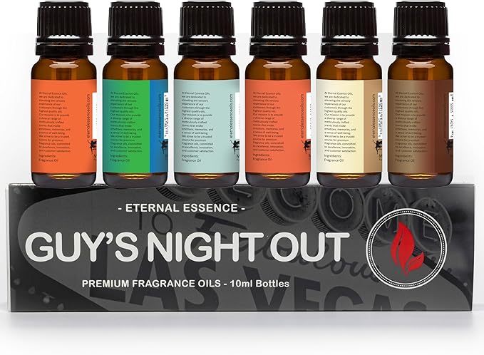 Eternal Essence Oils Guy's Night Out Set of 6 Premium Fragrance Oils - Includes Including Happy Men, Blue Sage, White Sand, Warm Rustic Woods, Musk, and White Musk Scented Oils - 10ML