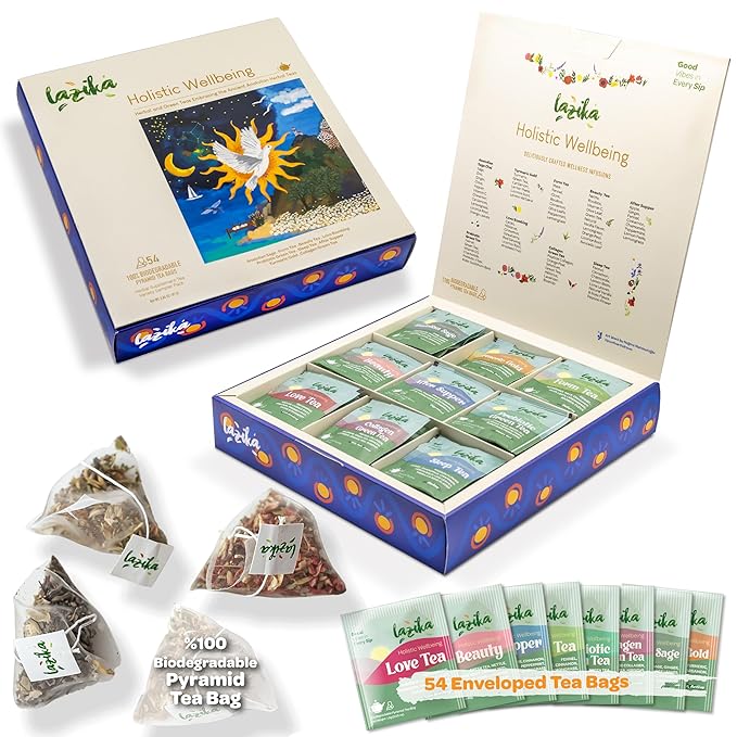 Lazika Herbal Tea Variety Pack with Lovely Presentation Box, 54 Counts, Holistic Wellbeing Tea Assortment Gift Set, Premium Collection with Pyramid Infuser Bag, Handcrafted
