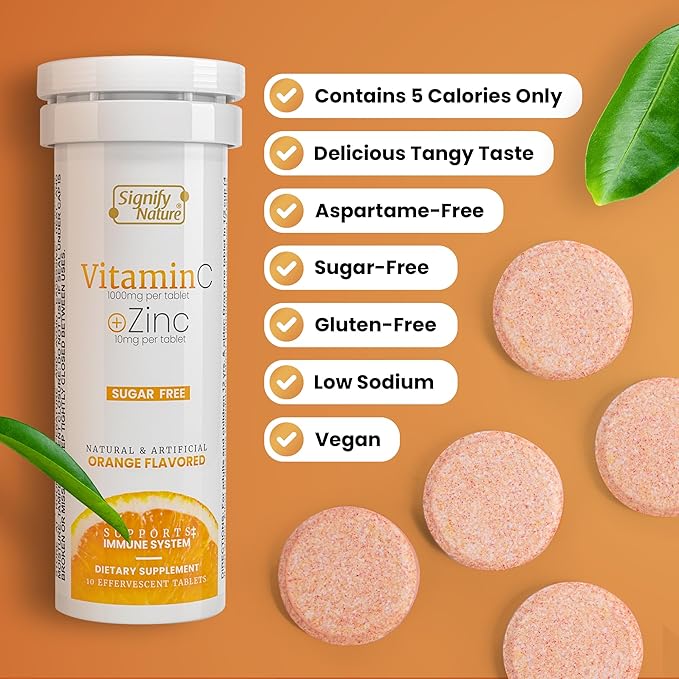 SIGNIFY NATURE Vitamin C 1000mg Effervescent Tablets - Potent Immune Support VIT C with Zinc Supplement - Sugar-Free & Vegan Formula | Dissolvable Vitamin C Tablets - Water Soluble Fizzy Elixir - 20CT