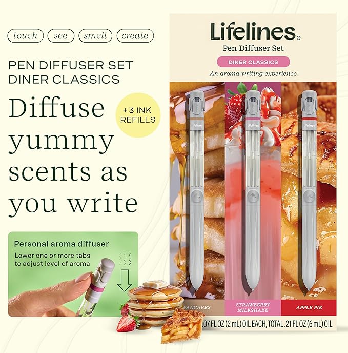 Lifelines Pen Diffuser Set, Diner Classics 3-Pack - 1mm Black Ballpoint Pens with Scented Essential Oil Blends – Aromatherapy Diffuser & Sensory Immersion Diffuse Aroma As You Write