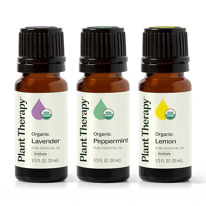 Plant Therapy Top 3 Organic Essential Oil Singles Set 10 mL (1/3 oz) Lemon, Lavender & Peppermint 100% Pure Essential Oils, Undiluted, Natural Aromatherapy for Diffusion and Body Care