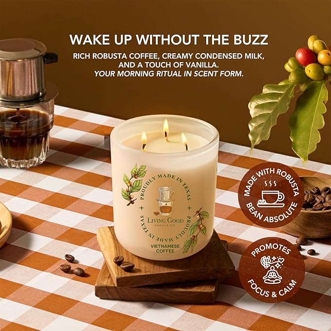 Fresh Robusta Coffee – Pure Beeswax Candle for Men and Women – Non-Toxic Scented Candle for Focus, Clarity & Mood Boosting – 90+ Hour Long Burn – Inspired by Vietnamese Coffee