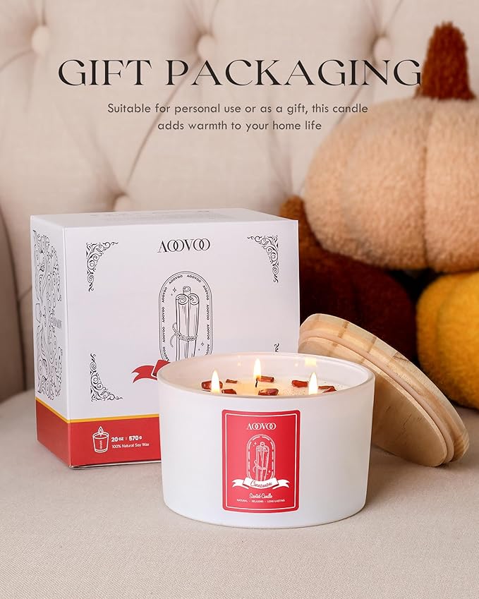 AOOVOO Apple Cinnamon Scented Candles for Women - 20oz 3 Wick Soy Candles for Home Scented, Aromatherapy Candle with Crystals Inside, Birthday Gifts Christmas Candle for Women Mom