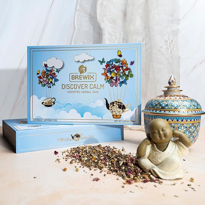 BREWIX, Discover Calm Premium Herbal Tea Christmas Gift Box (3.53oz/50+ Cups) | Tea Gift Sets For Tea Lover | 6 Unique Herbal Teas | Best for Birthdays, Anniversaries & Holidays
