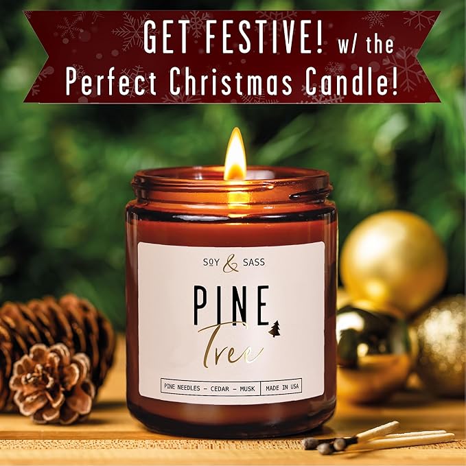 Pine Candle, Pine Scented Candles, Christmas Candles Scented - 'Pine Tree' Soy Candle, w/Fir Needles, Warm Cedar & Sandalwood - Infused with Essential Oils I 9oz, 50 Hour Burn, Handmade in USA
