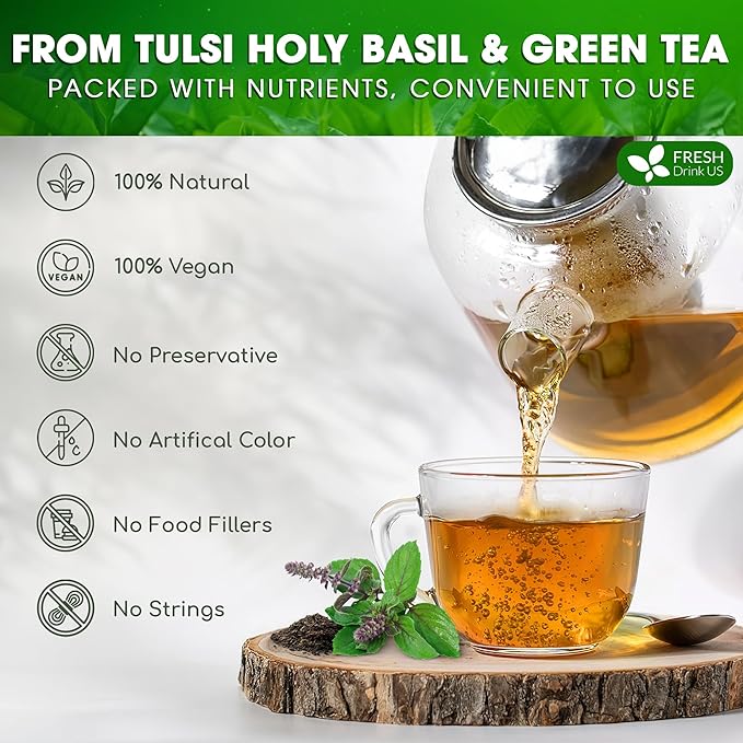 FreshDrinkUS, Premium 75 Tulsi Green Tea Bags, 100% Natural, Blend of Tulsi Holy Basil Leaves, and Green Tea Leaves. Made with Natural Material Tea Bags. No Sugar, Vegan.