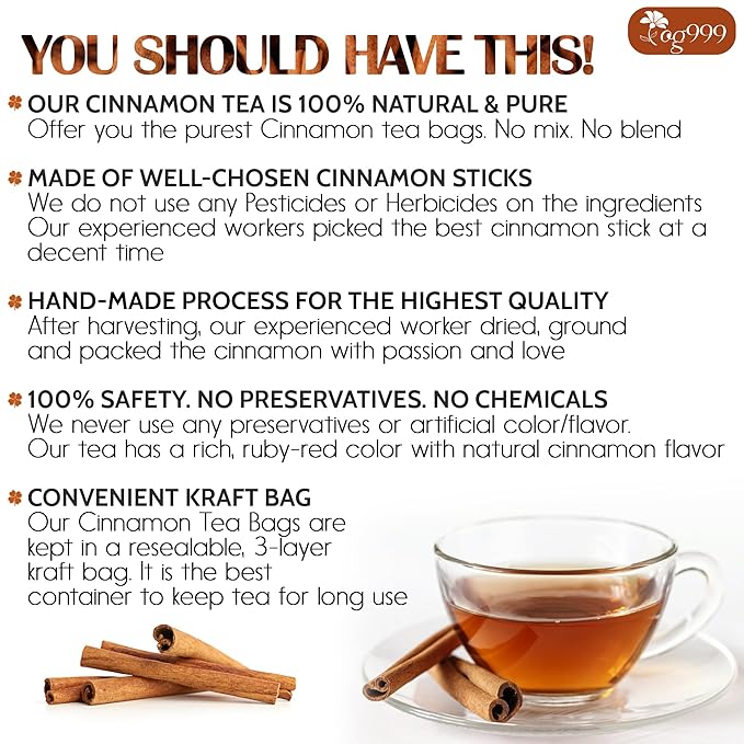 TOG999, Premium 135 Tea Bags - Special Cinnamon Tea, 100% Natural & Pure. Cinnamon Stick Herbal Spice Tea. No Sugar, No Caffeine, No Gluten, Vegan.