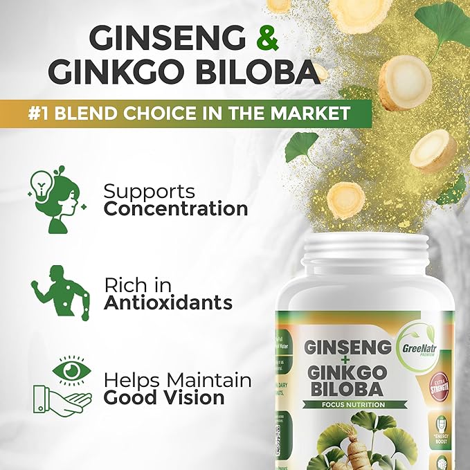 GreeNatr Ginko Biloba & Panax Ginseng Supplement - Red Ginseng Brain Supplement for Memory and Focus - Ginkgo Biloba Supplements for Good Vision, Immune System and Improved Blood Flow - 120 Tablets