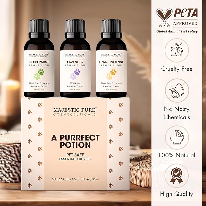 Majestic Pure, Lavender, Peppermint and Frankincense Pet Essential Oil Set | Pet Friendly and Provides Peaceful Atmosphere Used for Diffuser, Room Spray and Topical | Set of 3