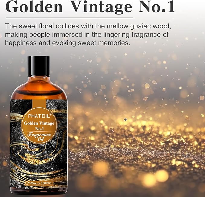 PHATOIL Golden Vintage No.1 Fragrance Oils for Aromatherapy, 3.38FL.OZ Diffuser Oils for Home, Perfect for Aromatherapy, Humidifiers, Yoga, DIY Candle and Soap Making - 100ml