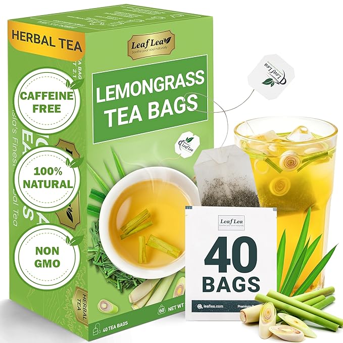 LeafLea Lemongrass Tea Bags, 40 Count, 100% Natural Lemongrass Leaves, Te Limon Grass, Te de Limoncillo Herbal Tea with Smooth Light Aroma, Sugar-Free, Caffeine-Free, Non-GMO, Vegan Friendly