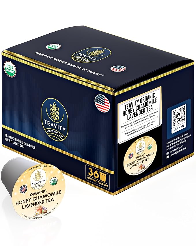 Organic Chamomile and Lavender Tea Pods for Keurig - Decaf Herbal Tea for Keurig K Cups - Honey Chamomile Lavender by Teavity (36 Tea Pods)