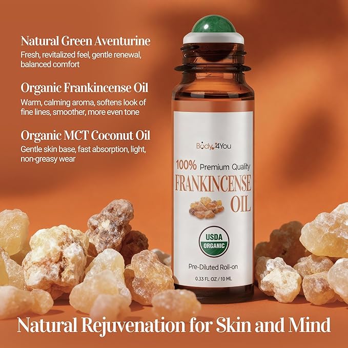 BodyJ4You Frankincense Essential Oil Roll On - Pure 100% USDA Organic MCT Coconut Oil - Natural Green Aventurine Stone Roller - Skin Care Grounding Pulse Point - Amber Glass Bottle Rollerball (10ml)