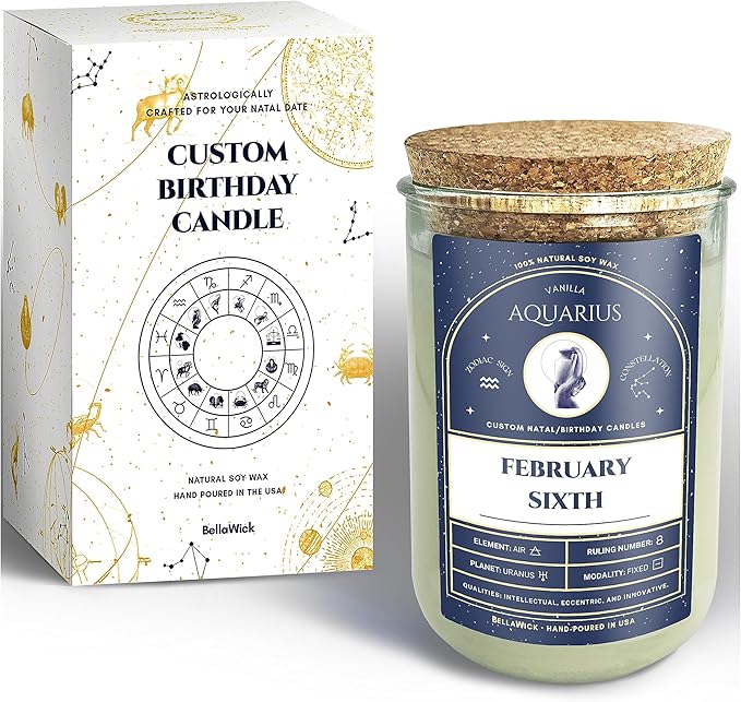 Birthday Candles - Custom Birthdate Astrological Zodiac Scented Candles. Astrology Gifts. All Natural Soy Wax. 75+ Hour Burn Time. Made in USA - February 6