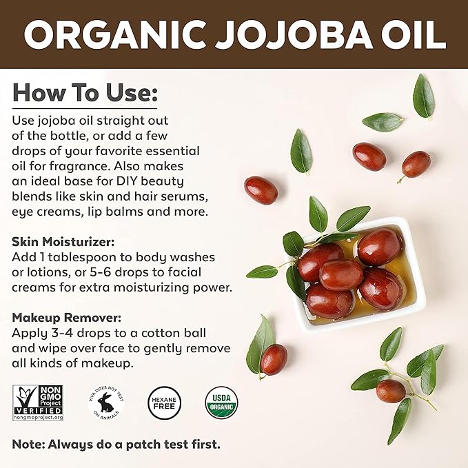 Viva Naturals Organic Jojoba Oil - Pure Cold-Pressed for Skin and Hair, USDA Certified Face Moisturizer, 4 fl. oz
