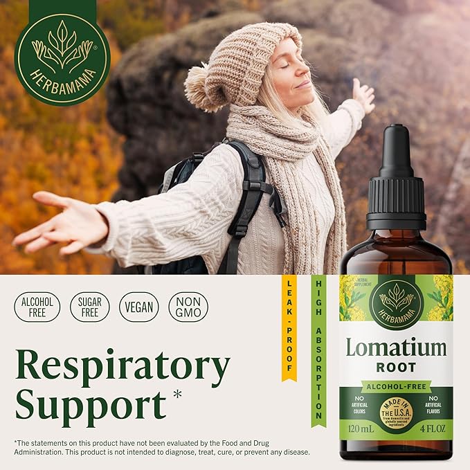 HERBAMAMA Lomatium Root Tincture - Vegan Lomatium Dissectum Extract for Lung Cleanse & Detox - Non-GMO, Alcohol & Sugar-Free Respiratory Lung Support Supplement, 56-Day Supply