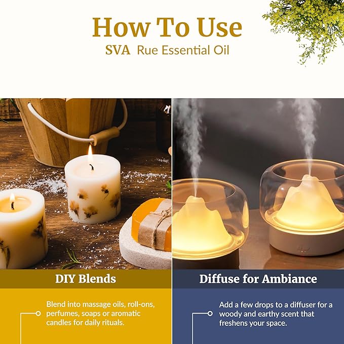 SVA Rue Essential Oil – 1/3 Fl Oz – 100% Natural Rue Oil - for Diffuser, Hair Care, Face, Skin Care, Aromatherapy, Scalp and Body Massage, Soap and Candle Making
