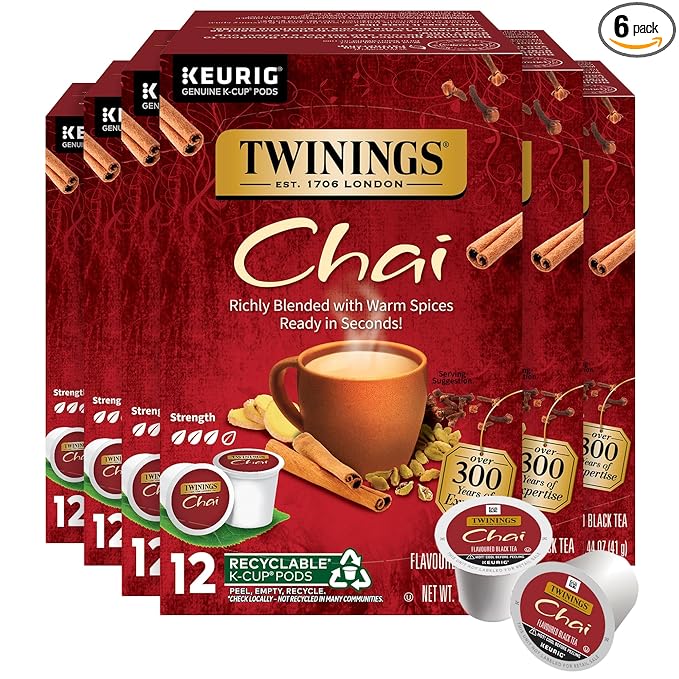 Twinings Chai Black Tea 72 K-Cup Pods for Keurig, 12 Count (Pack of 6), Naturally Sweet, Savoury Spice Flavour, Caffeinated, Enjoy Hot or Iced