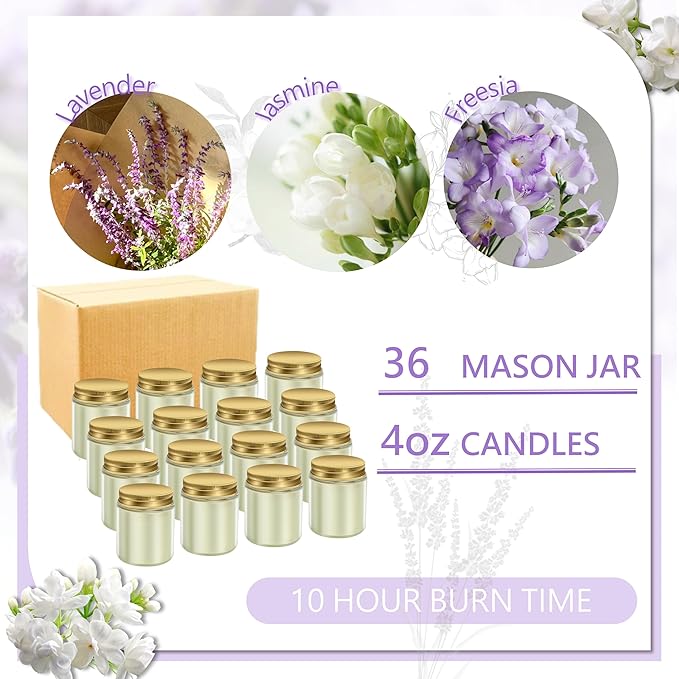 ACITHGL 36 Pcs 4oz Mini Mason Jar Candles Small Scented Candles Bulk Aromatherapy Ideal Souvenir Favors for Wedding Birthday Party (Freesia, Lavender, Jasmine, Gold)