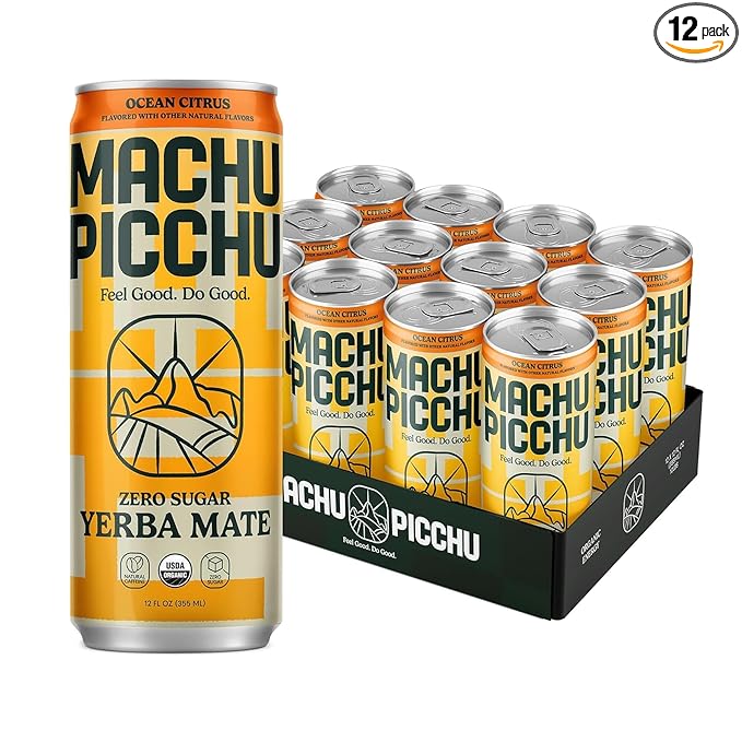 MACHU PICCHU ENERGY, Non-Carbonated Zero Sugar Yerba Mate, Clean Energy Drink Alternative, 12oz (Pack of 12) – 120mg Organic Green Coffee Bean Caffeine, Low Calorie, USDA Organic, No Artificial Flavors (Ocean Citrus)