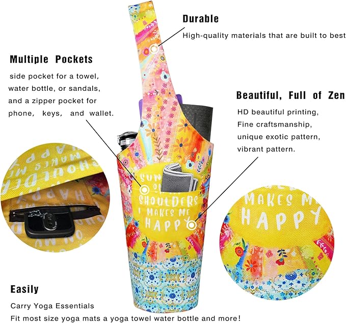 Fashion Printed Yoga Mat Bag with Large Side Pocket & Zipper Pocket Long Tote Yoga Bag Fit Most Size Mats - Holds More Yoga Accessories
