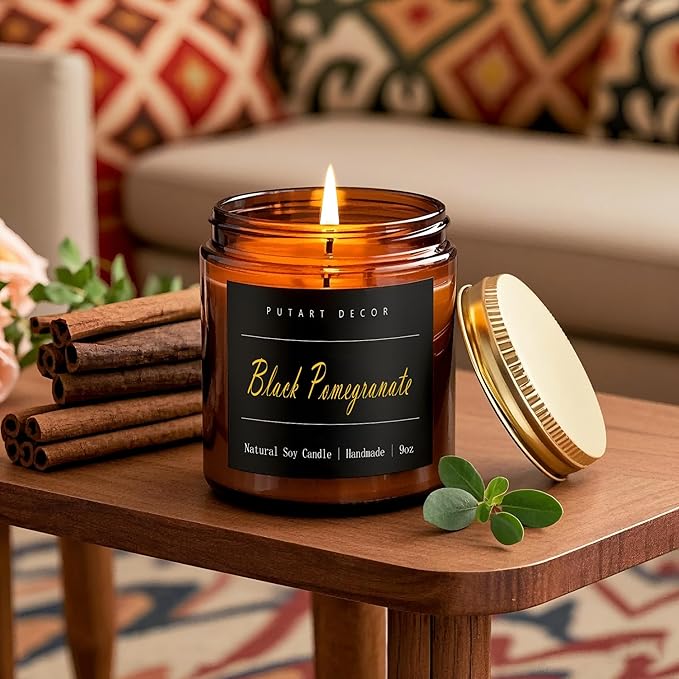 Black Pomegranate Candles for Home Scented，Natural Non Toxic Soy Aromatherapy Candle Gifts for Women & Men, Strong Fragranced & Long Lasting Brown Glass Jar Candles with Essential Oils (9oz)