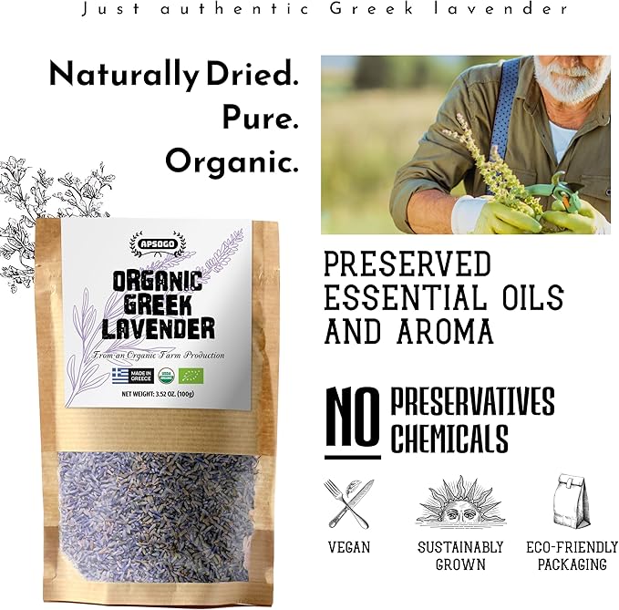 Apsogo Organic Greek Lavender – Premium Dried Flowers (3.52 oz), Organic Herbal Lavender Tea & Culinary Use, Whole Buds in Resealable Pouch