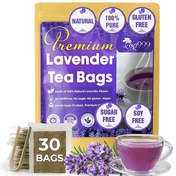 TOG999, Premium 30 Lavender Flower Tea Bags, 100% Natural & Pure. Loose Flower Lavender Herbal Tea. No Sugar, No Caffeine, No Gluten, Vegan.
