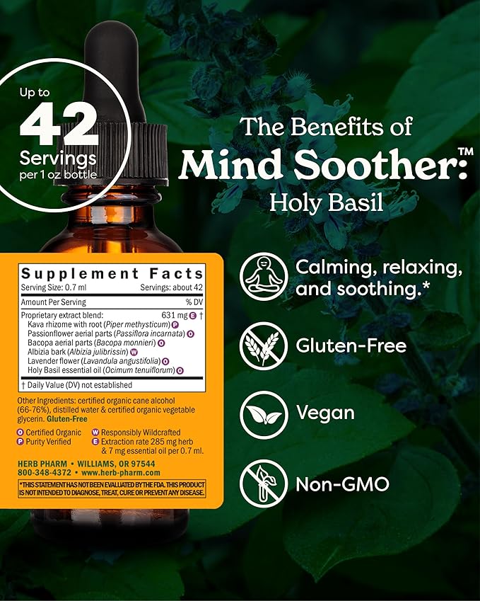 Herb Pharm Anxiety Soother Liquid Herbal Formula with Kava Extract and Holy Basil Essential Oil for Mild and Occasional Anxiety Support* - 1 Ounce