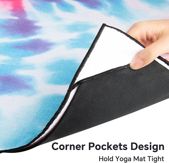 Colorful Star Yoga Towel with Corner Pockets, Non Slip Grip Dots Sweat Absorbent Hot Yoga Mat Towels, Yoga Blankets with Travel Bag, Mat Cover for Workout, Gym, Fitness - 70"x26", Pink Blue Tie-dye