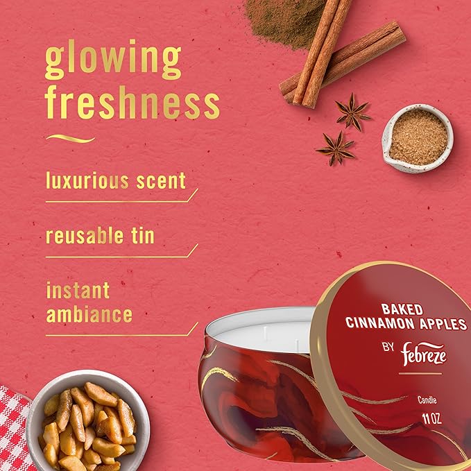 Febreze Scented Candle, Baked Cinnamon Apples Scent, 4 Wick Candle, Reusable Tin, Long Lasting Even Burn, 11oz, Single Pack