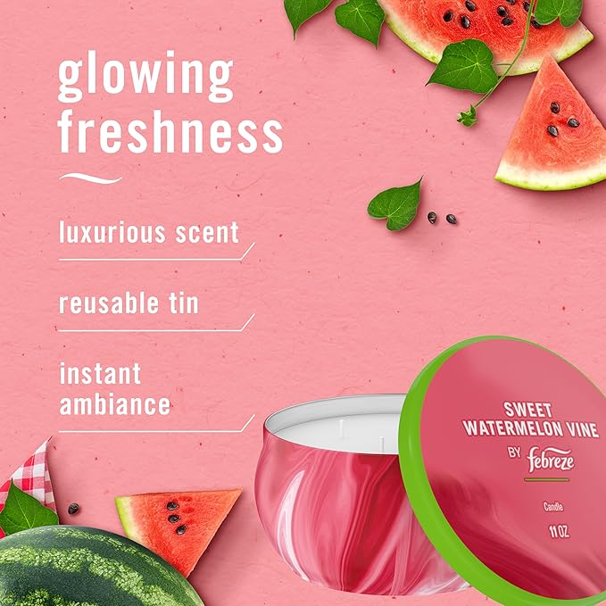 Febreze Scented Candle, Sweet Watermelon Vine Scent, 11 oz 4 Wick Candle, Single Pack