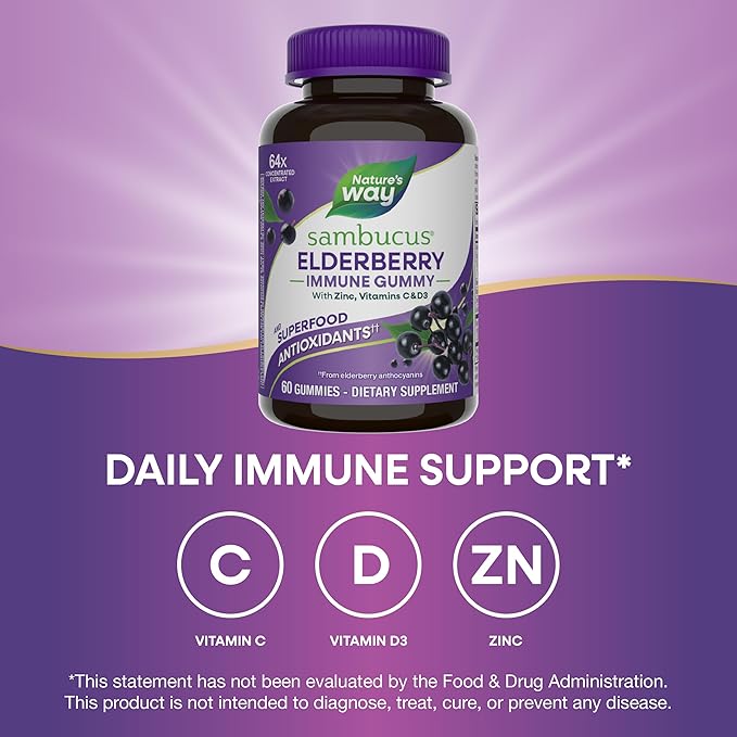 Nature’s Way Sambucus Elderberry Immune Support Gummies for Kids & Adults* with Black Elderberry Extract, Vitamin C, Vitamin D3, and Zinc, 60 Gummies (Packaging May Vary)
