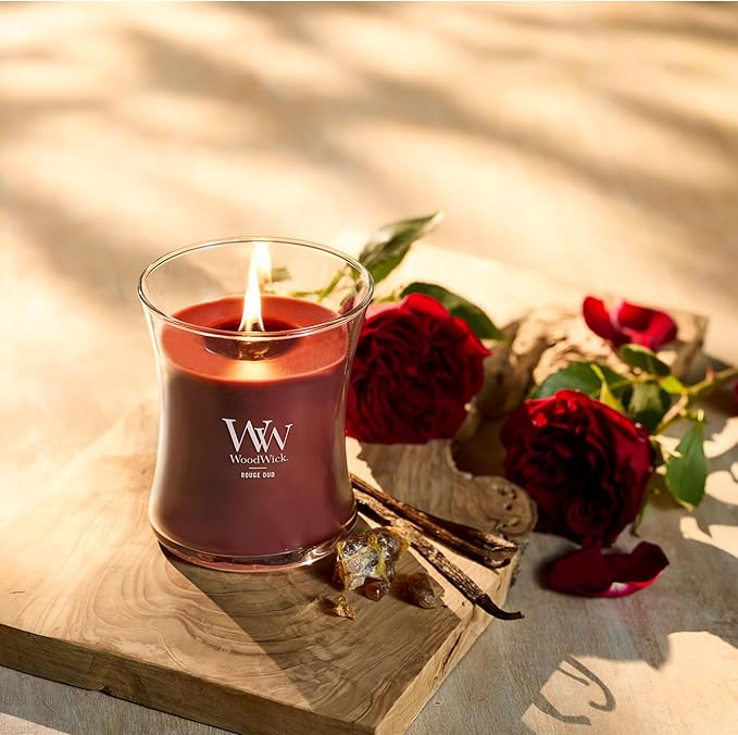 WoodWick Rouge Oud Gifts for Women and Men, 9.7 oz Medium Hourglass Candle with Crackling Wick
