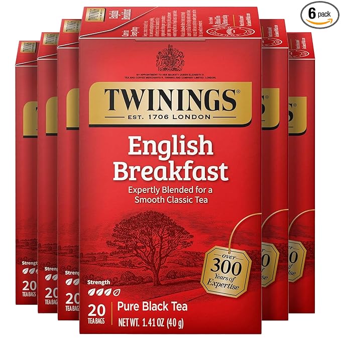 Twinings English Breakfast Black Tea Individually Wrapped Bags, 20 Count (Pack of 6), Flavourful, Robust, Caffeinated, Enjoy Hot or Iced, 120 Teabags