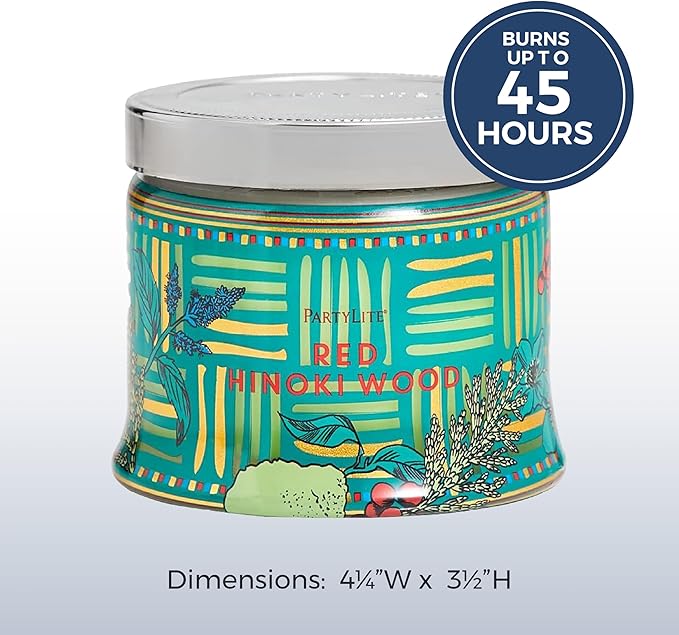 PartyLite 3-Wick Jar Candle, Highly Fragranced Clean Burning Glass Candle, 25-45 Hours Burn Time (Red Hinoki Wood)