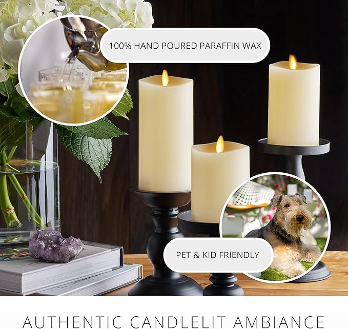 Luminara Realistic Flameless LED Set of 3 Ivory Pillar Candles, Home Safe Moving Flame Melted Top Illumination, Battery Operated Remote Control w/Timer