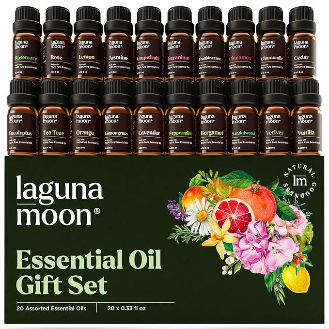Lagunamoon Essential Oils Set, Top 20 Gift Set Oils for Diffusers, Humidifiers, Aromatherapy, Candle Making Scents, Cars & Home Products, Peppermint, Tea Tree, Lavender, Eucalyptus, Lemongrass (10mL)