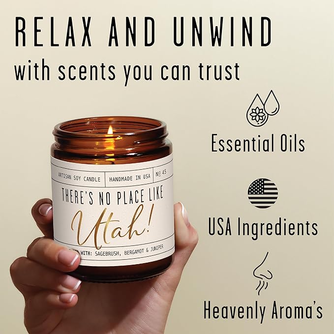 Utah Gifts, Utah Decor for Home - 'There's No Place Like Utah Candle, w/Sagebrush, Bergamot & Juniper I Utah Souvenirs I Utah State Gifts I 9oz Jar, 50Hr Burn, USA Made