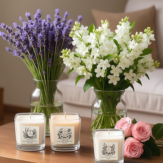 Scented Candles for Home 3 Pack - Aesthetic Clear Square Glass Soy Wax Candle (French Lavender, Rose, Jasmine) - Strong Fragrance Odor Eliminator for Bathroom, Bedroom Decor, Yoga