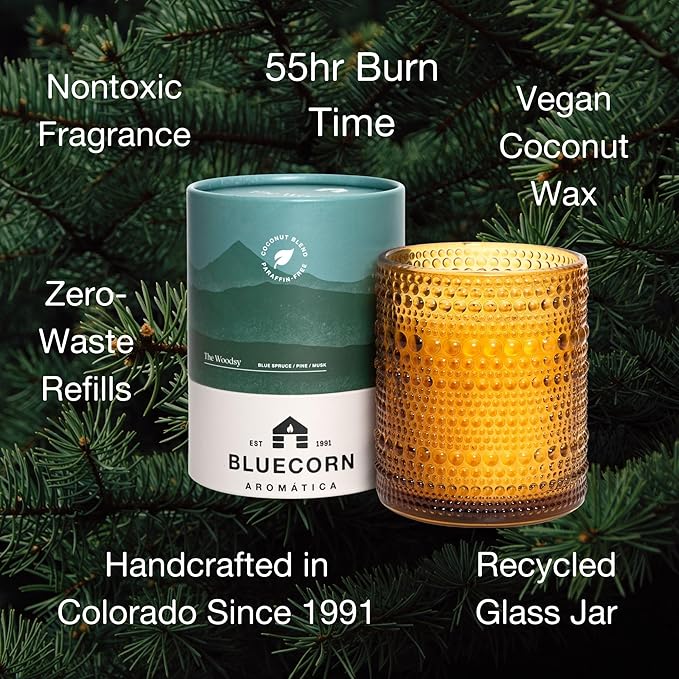 Bluecorn Aromática Scented Candle, The Woodsy Fragrance with Cedar, Balsam & Resinous Woods, Vegan Coconut Wax Candle, Long Lasting Candle for Home Decor, Gifts for Women & Men, American Made, 11 Oz