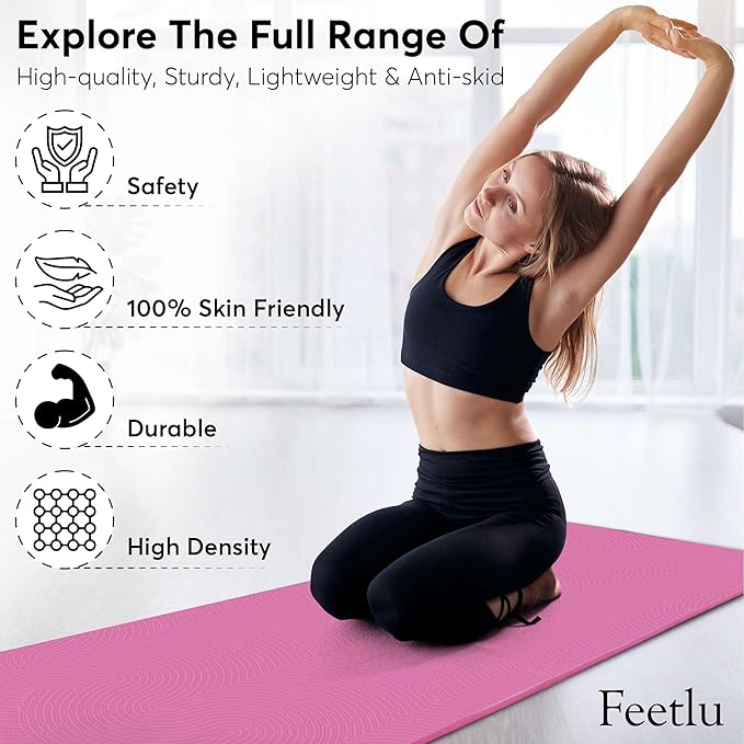 Feetlu Extra Thick 12mm Exercise Mat – Non-Slip, Joint-Friendly & Cushioned Fitness Mat for Yoga, Pilates & Floor Workouts – Durable, Supportive & Includes Feetlu Classic Strap