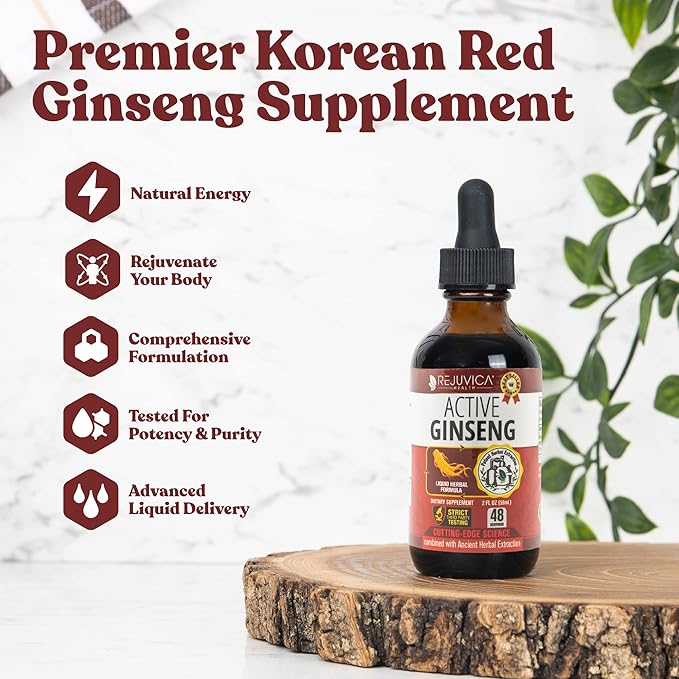 Active Ginseng Korean Red Panax Ginseng with Natural Ginsenosides - Liquid Delivery for Better Absorption - Supports Healthy Energy, Vitality, Mood and More