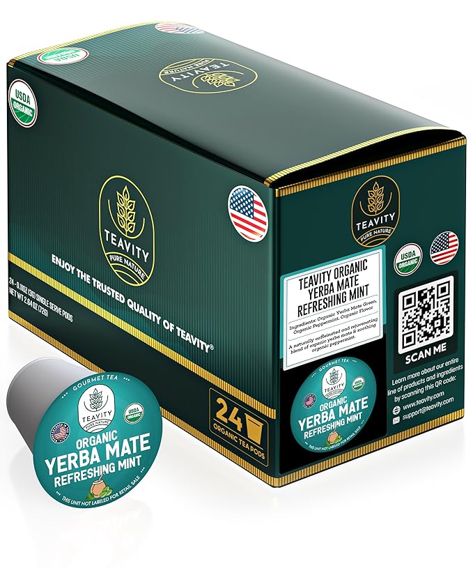 Organic Yerba Mate Refreshing Mint Tea Pods - Naturally Caffeinated Yerba Mate Tea Pod for Keurig Brewers by Teavity (24 Tea Pods)