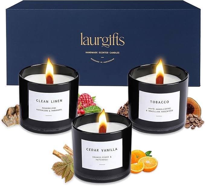 Scented Candles for Men – Masculine Candle Gift Set of 3 with Tobacco, Cedar Vanilla & Clean Linen – Luxury Navy Candles Gift Box, Birthday Gifts for Men, Candles for Boyfriend, Christmas Gifts