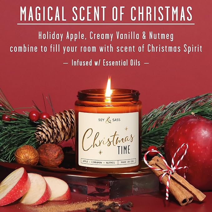 Christmas Candles Scented – ‘Christmas Time’ Soy Christmas Candle, w/Apple, Cinnamon, Clove - Infused with Essential Oils I Holiday Candles I 9oz, 50Hr, Made in USA