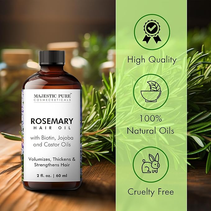 Majestic Pure 100% Pure Rosemary Oil For Hair Growth - Strengthening, Nourishing, Volumizing - Infused with Biotin Oil, Jojoba Oil & Castor Oil - Non GMO Verified - 2 Fl Oz